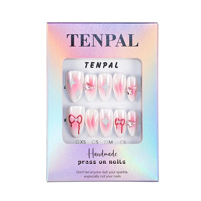 Aurora Pink White Nails with Stars Bow Ties Handmade Press On Nails Almond Acrylic Nails Press ons Y2k Sweet Cool Soft Gel Manicure Art For Women Reusable Glue On Nails 10pcs/Box(S)