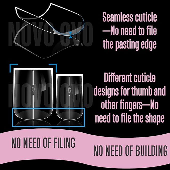 NOVO OVO Straight Square Thick Short Natural Nail Tips Press on, No C Curve Sharp Square Soak Off Soft Gel Fake Nail Extension, Full Cover False Nails for Acrylic French, Salon DIY x 15 Sizes 510 pcs