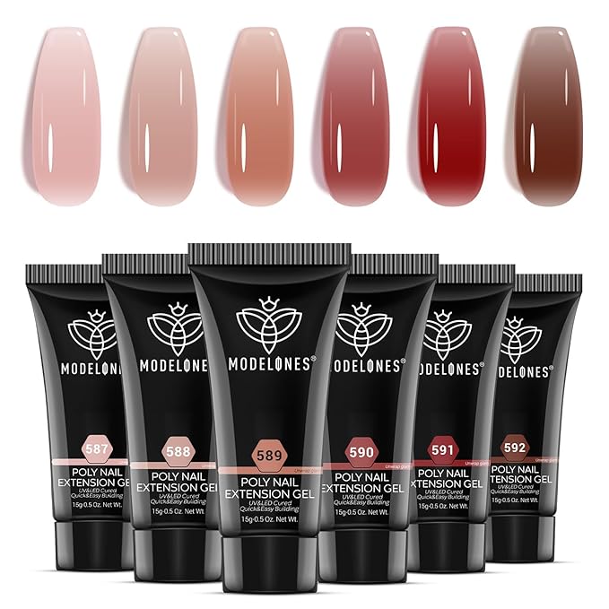 modelones Poly Nail Gel Set, 6 Colors Jelly Brown Skin Tones Neutral Transparent Poly Extension Gel Nail Enhancement Builde Khaki Beige DIY Manicures at Home