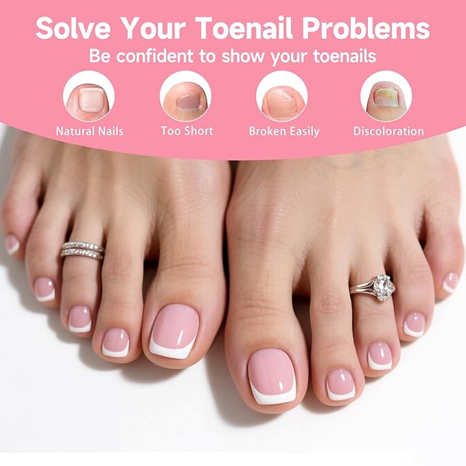 Toe Press On Nails, 240Pcs White French Press On Toenails Kit, Pink Square Pre-Designed Soft Gel False Toenail Extension, 12 Size Full Cover Fake Toenail Press Ons for Women