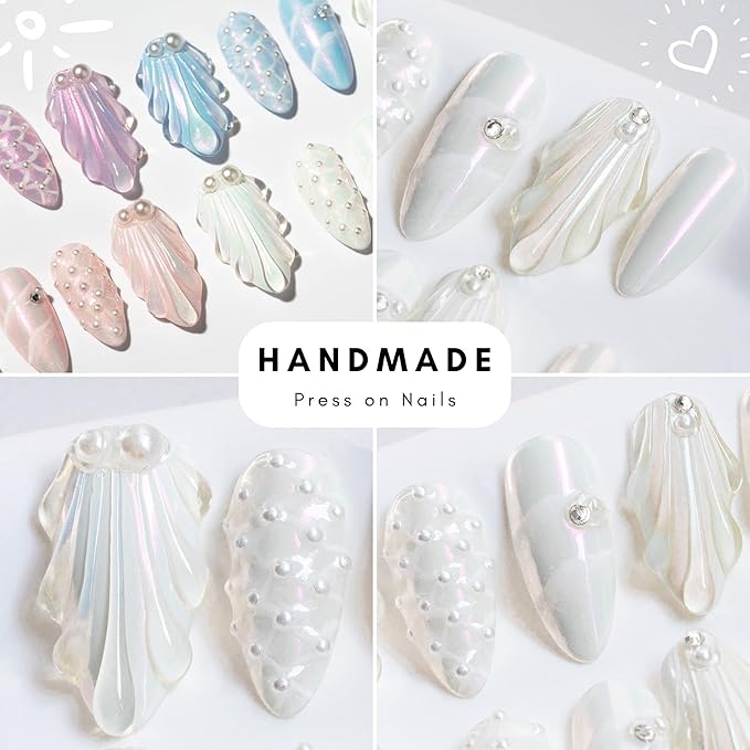 Sun&Beam Nails Handmade Press On Nail Medium Long Almond Oval Pink White Pearl Shell Fake Tip 3D Design Art Charms Cute with Storage Box 10 Pcs (XS, White)