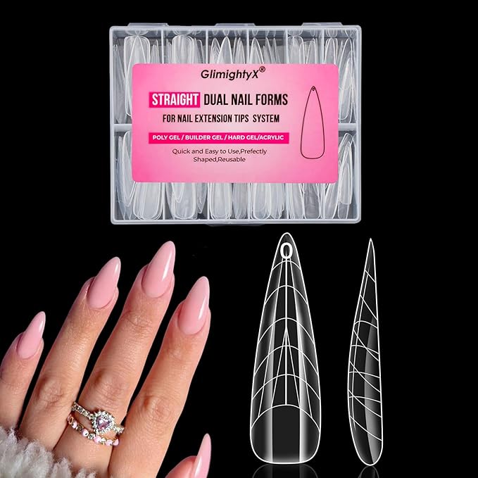 Flat Polygel Nail Forms Almond Shape,GlimightyX Straight Built-in Apex Dual Forms Molds Reusable,Pre-designed French Guildelines Polygel Tips for Nail Extension Salon Home DIY