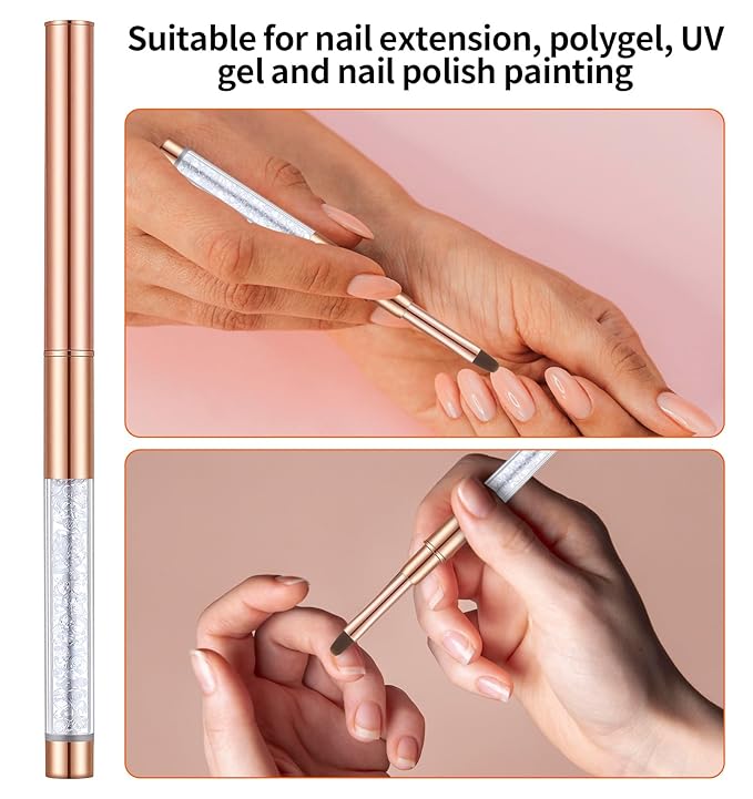 3Pcs Builder Gel Brush, Oval UV Hard Gel Brush for Nail Brushes with Rhinestone Handle, Nails Art Design Perfect for Builder & Polish, Rose Gold
