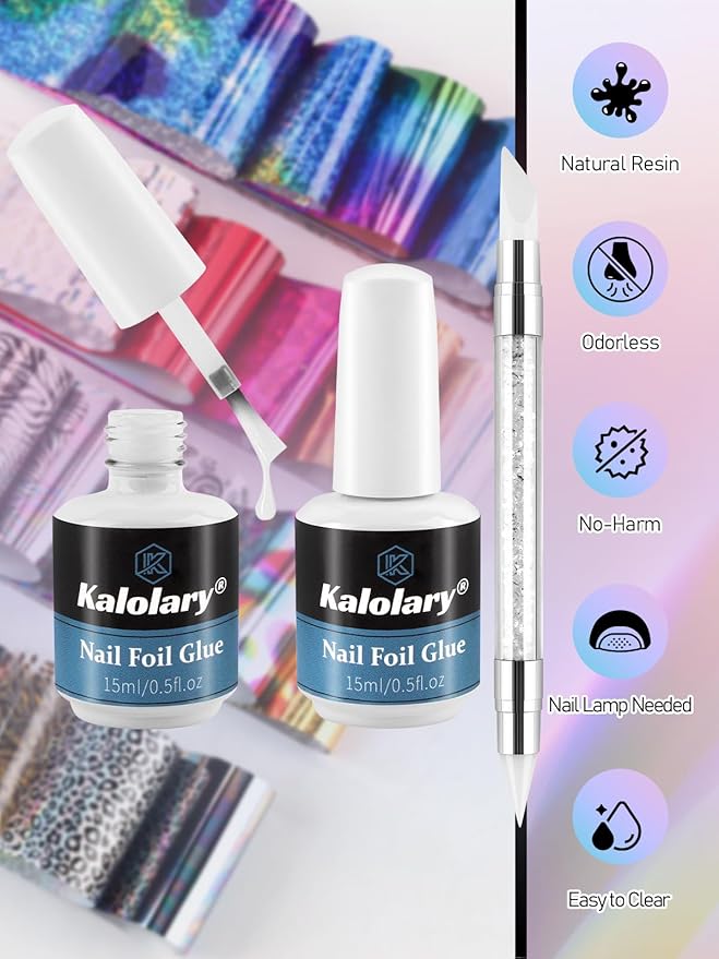 Kalolary 30ML Nail Foil Glue Gel with 20Pcs Foil Transfer Stickers Set, Laser Leopard Transfer Stickers DIY Decoration for Salon or Home Use