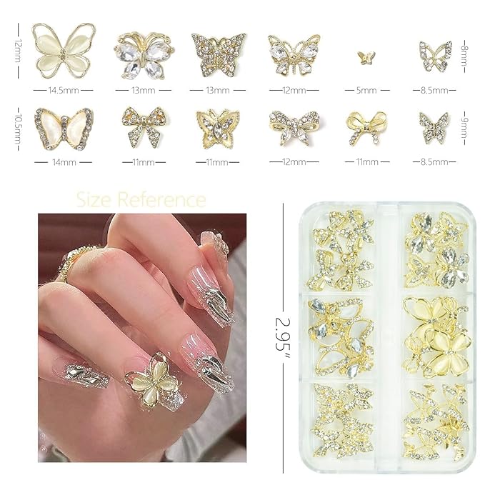 32 Pcs Butterfly Charms Gold Butterflies for Nails - Bow Crystals Diamonds Rhinestones 3D Alloy Luxury Gems - Cute Art Supplies for Acrylic Decoration Crafts DIY