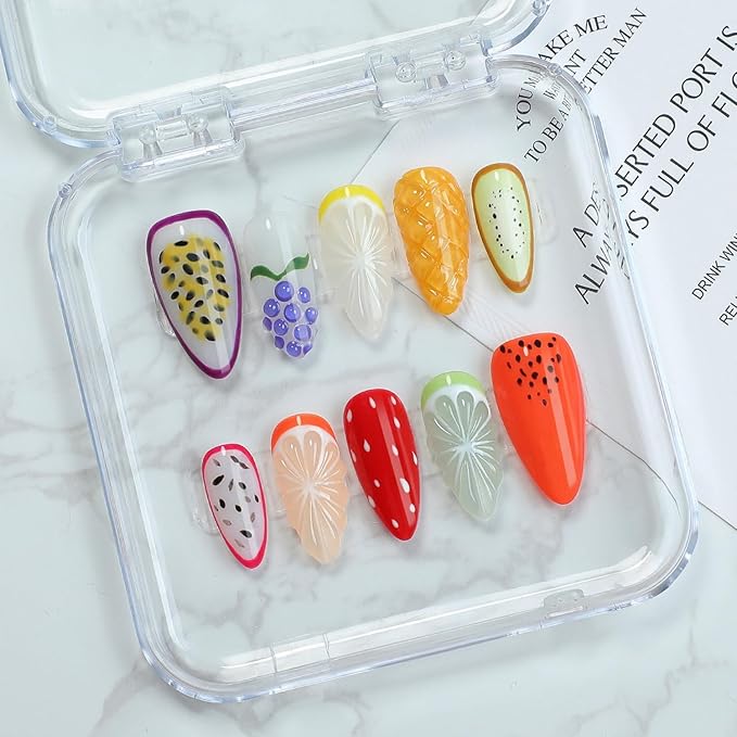 Handmade Fruit Press on Nails Luxury Thick Medium Almond Fake Nails with Lemon Grape Mango Pattern Design Muti-Layer Gel Spring Summer Fruit False Nails Full Cover Acrylic Nails for Women (Size S)