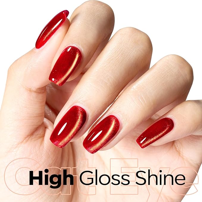 modelones Red Cat Eye Gel Nail Polish Glod Magnetic Glitter Holographic Red Ruby Valentine Gel Polish Reflective Jelly Translucent UV Gel Manicure 15 ML