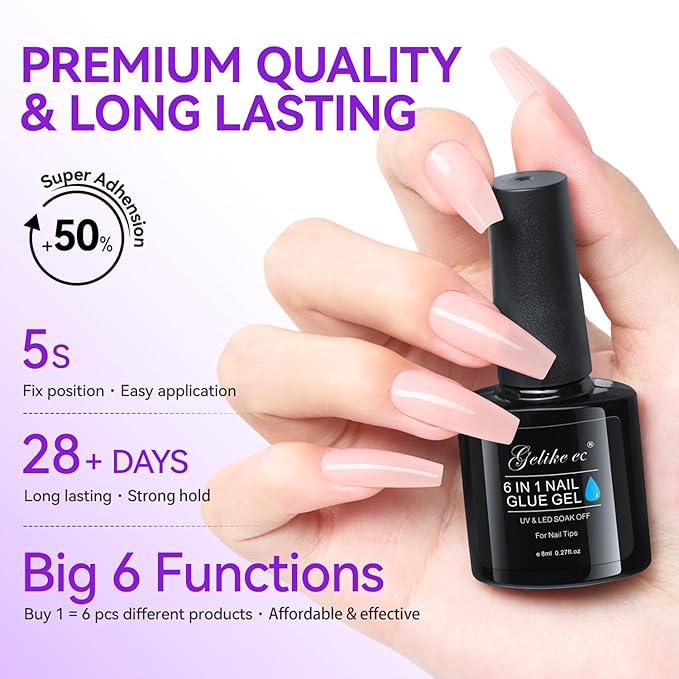 Gelike EC Peachy Jelly Nail Glue Gel - 6 in 1 Extra Strong Clear Acrylic Nails - Long Lasting Extension Adhesive UV Nude Pink Nail Glue for Clear Press On Nail Tips - UV Cure Required