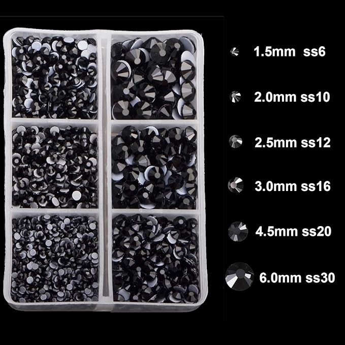 4000pcs Mixed Size Hot Fix Round Crystals Gems Glass Stones Hotfix Flat Back Rhinestones (Jet Black)