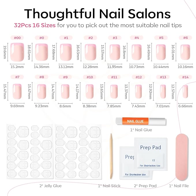 Modelones French Tip Press on Nails Short, Square Spring Fake Nails, Reusable Nail Kit with Nail Glue Adhesive Tabs Mini Nail File, Nails Press Ons 32Pcs 16Sizes, Women Girl Gift, Pink
