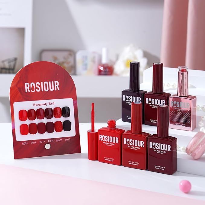 6PCS 18ml Red Gel Nail Polish Set- Hema Free Wine Dark Glitter Red Soak off Gel Polish Set with Swatch Board - One Color One Bottle Gel Colors Nail Art Manicure Salon DIY at Home for Women Girl