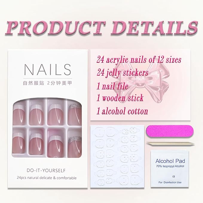 French Tip Glitter Short Square Fake Nails - Pink & White Glossy Design, Sparkly False Nails Glue On with Full Cover Acrylic Stick On Nails - 24 Pcs