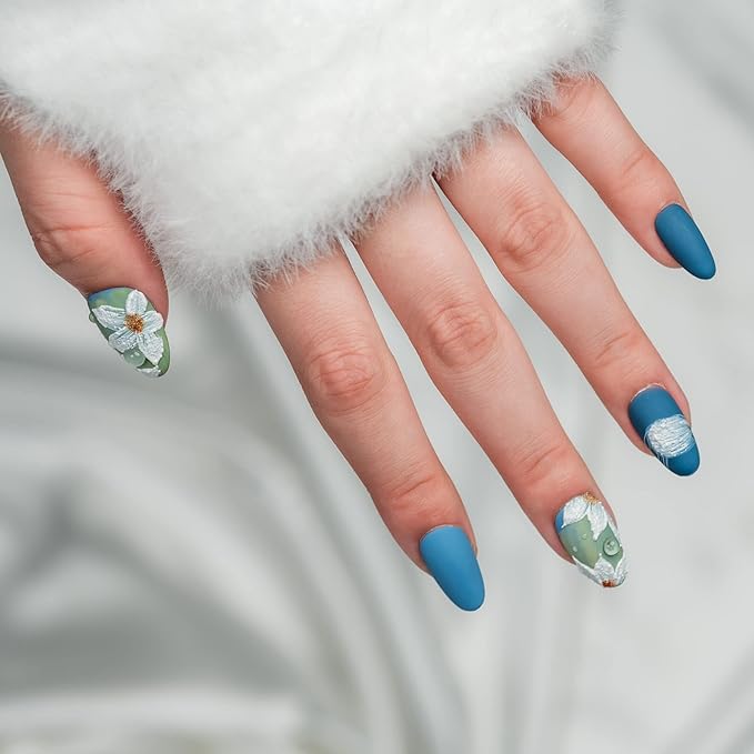 Sun&Beam Nails Handmade Medium Long Almond Blue White False Nail Tips with Cute Flower Popular Charm Design Press On Nails 10 Pcs (#60 L)