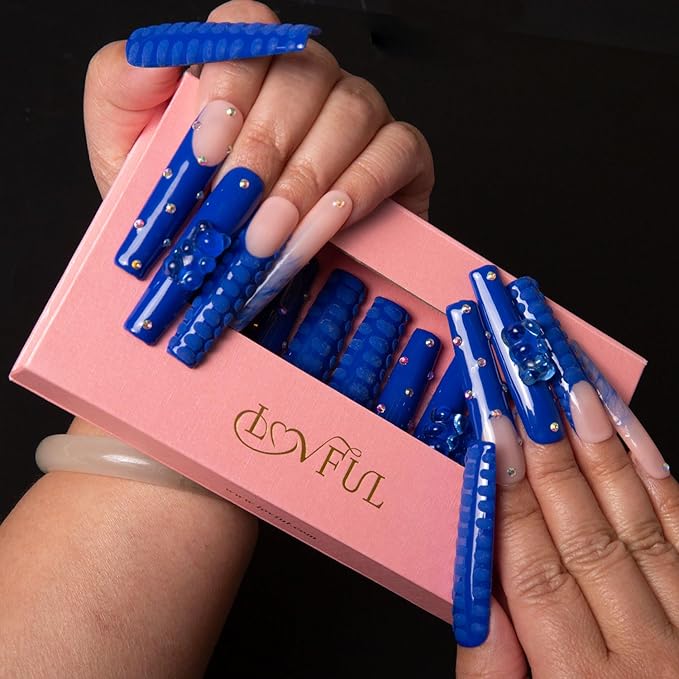 LOVFUL Press on Nails Little Blue Bear | Handmade with Full Covered Crystals | Reusable Fake Nails | Square | H132-L, pink