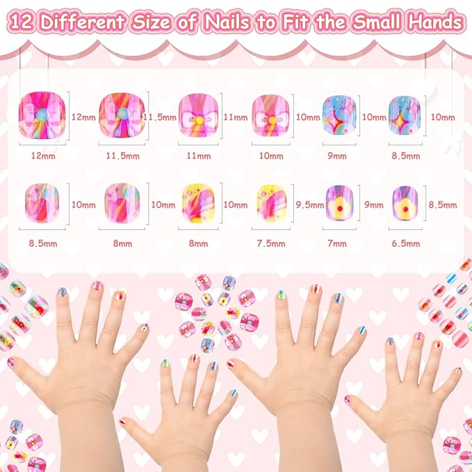 144 Pcs Small Holographic Press on Nails for Kids, Girls Fake Nails Mini False Nail Tips Pre Glue Full Cover Acrylic Nails for Girls Nail Art Decoration
