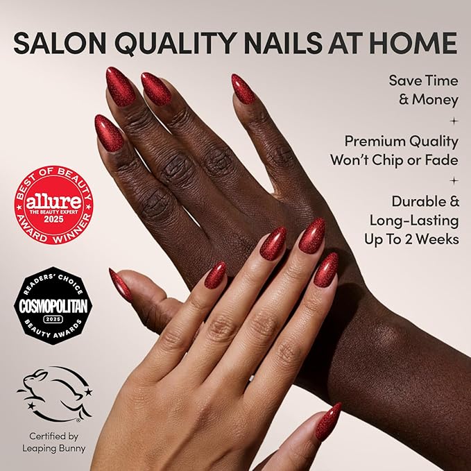 Glamnetic Press On Nails - Ruby Slipper Fake Nails | Deep Red Sparkly Short Almond Fake Nails with a Velvet Finish, Salon Quality | 15 Sizes - 30 Nail Kit with Glue