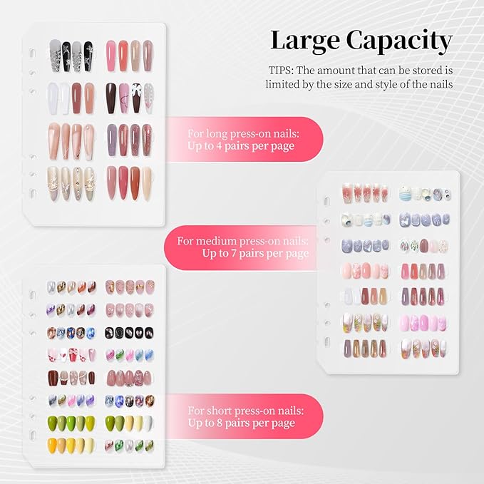 Press On Nail Storage Organizer Binder with 8 Insert Pages - A5 Size & Double Sized Tapes, Press on Nails Display Storage Book, Reusable Fake Nail Swatch Collecting Book (Black)