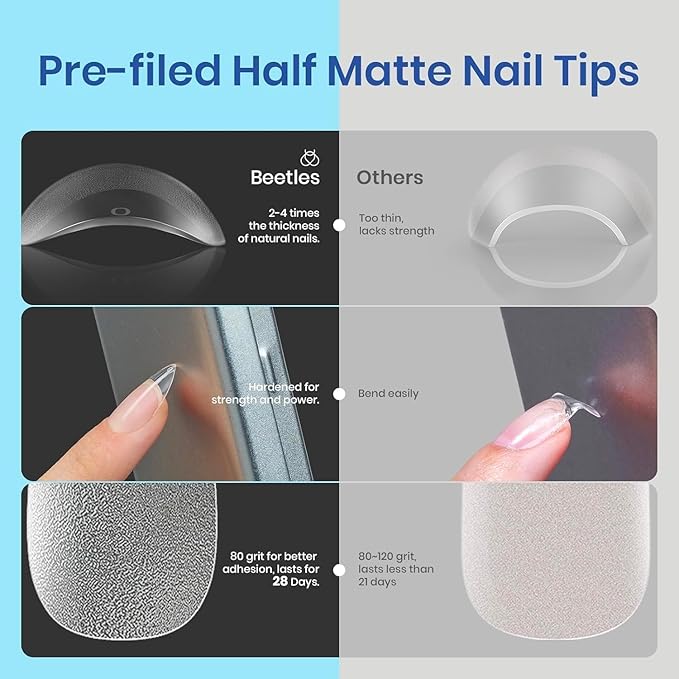 Beetles Gel Nail Kit Easy Nail Extension Set 504Pcs Pre Filed Half Matte Short Square Soft Etch X Nail Tips with 5 in 1 Nail Glue Gel Uv Led Lamp Nail for Women