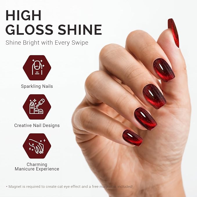 MelodySusie Jeweliver Cat Eye Gel Nail Polish, 0.5 Fl Oz Burgundy Red Glitter Holographic Magnetic Nail Polish with Magnet, UV Nail Polish for Nail Art Manicure Salon DIY at Home C3109
