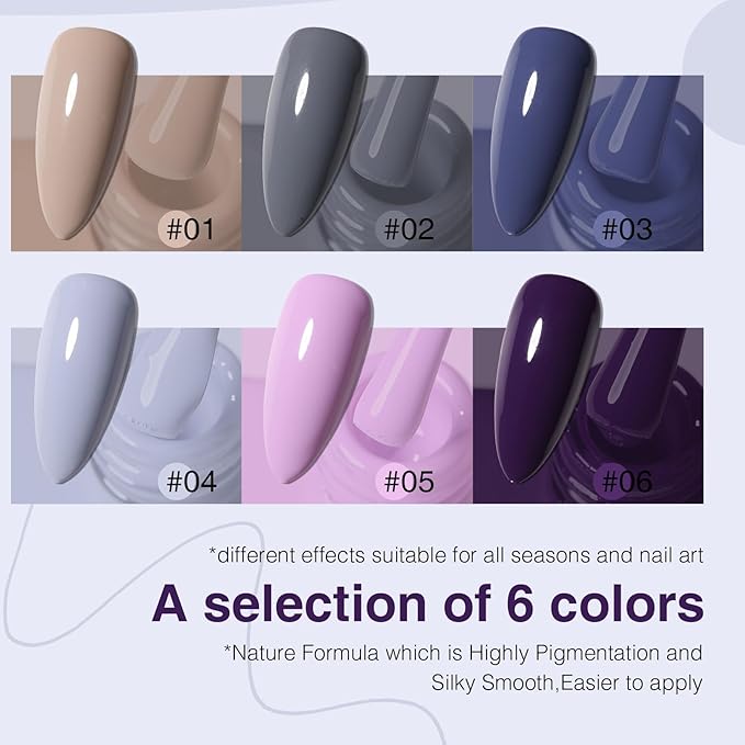 Gel Polish Set of 6 Colors 12ml with Purple Beige,Spring Gel Polish Kit for Salon DIY at Home, Soak Off LED UV Gel Nail Polish, Gifts for Women Girls