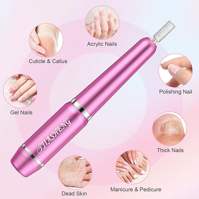 JIASHENG USB Electric Nail Drill, Portable File for Acrylic Gel Nails, Professional Manicure and Pedicure Kit With Drill Bits for Home and Salon Use, Rose Red