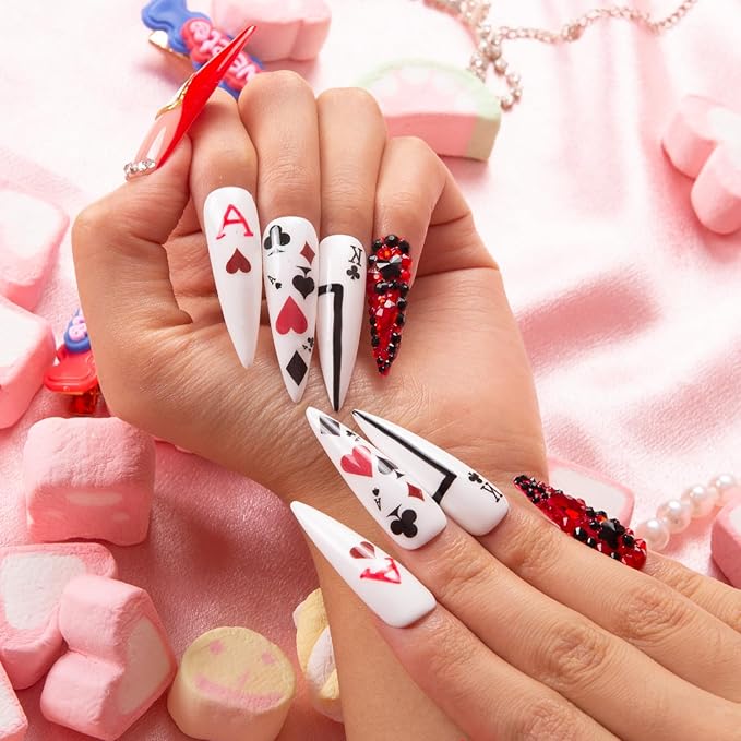 LOVFUL Press on Nails Poker Queen | Handmade with Full Covered Crystals | Reusable Fake Nails | Stiletto Mid Length 1.7 in | H102-S