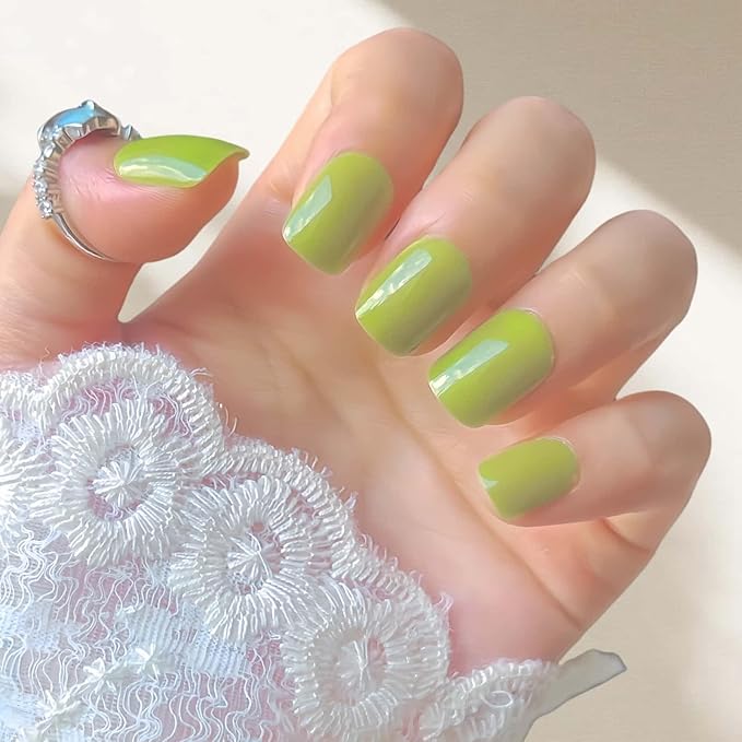 Short Square Press on Nails Green Full Cover Fake Nails Glossy Acrylic Nails Opaque Glue on Nails Reusable Gel Nail Strips 24 Pcs Artificial Nails Removable Stick on Nails for Women