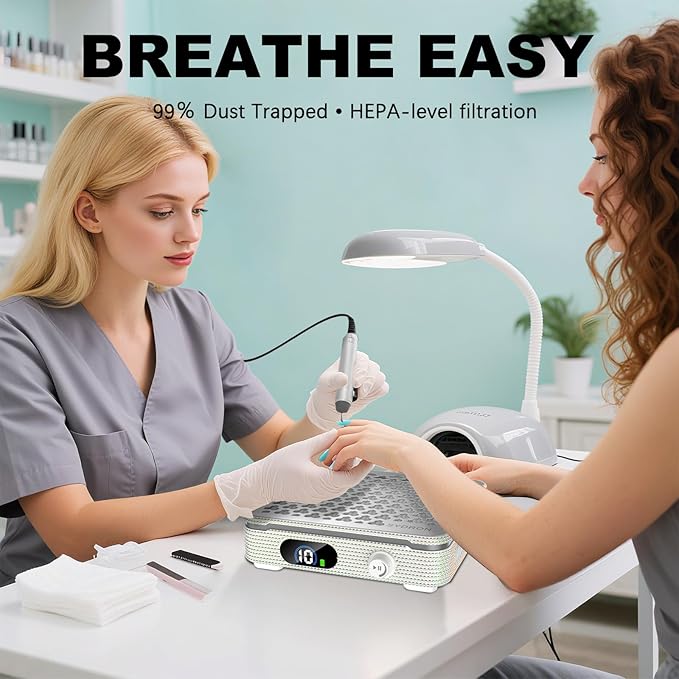 Nail Dust Collector | 1000PA Nail Vacuum Dust Collector | 10 Speed Levels | Low Noise & Strong Suction | Reusable Filter, 10 Pads + Nail Dust Brush| for Acrylic Nails, Salon & Home -White Diamond