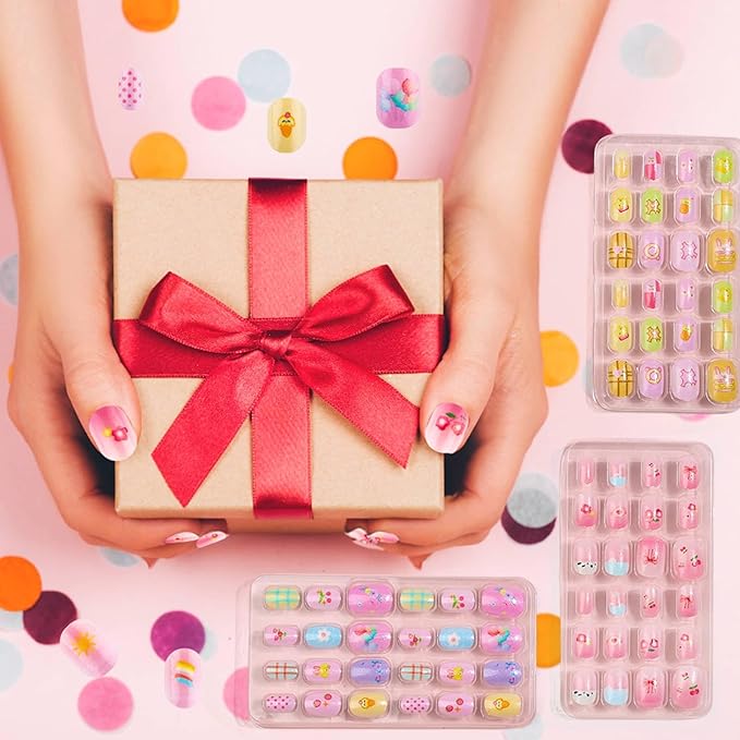 144 Pcs Kids Press on Nails - Short Acrylic Fake Nails with Cute Designs for Girls Age 8-12, Easy Stick On Nail Art Kit (A)