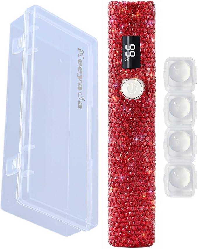 Handheld UV Nail Lamp with Sparkly Rhinestones, 3W Portable LED Nail Lamp, Wireless Rechargeable USB Nail Dryer with Silicone Stamper, LCD Display, Ideal for Home DIY Manicures (Red)