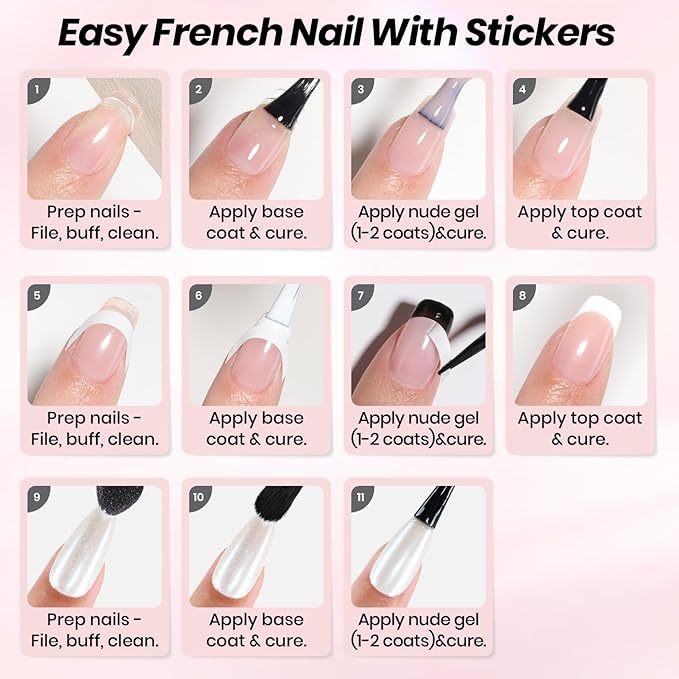 Beetles French Tip Gel Set - Pearl Glaze White Nude Pink Upgraded Gel Nail Kit Soak Off UV LED with 4 Styles Bubble French&Chrome Powder Nail Art Sticker DIY Home Salon Spring Gift for Women