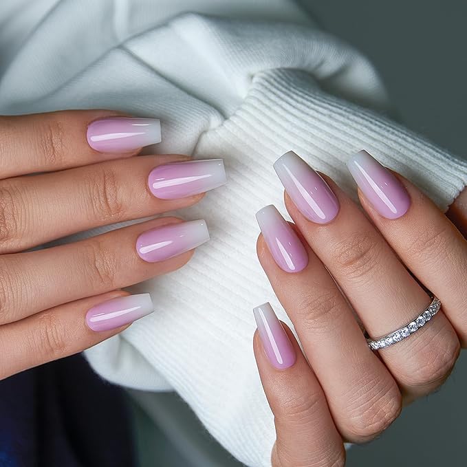CurvLife Pink Ombre Press On Nails for Women, Medium Square Soft Gel Fake Nails, Nude Pink to White French Gradient Glue On Nails Kit with Nail Glue & Tools, Salon Quality Spring Nails