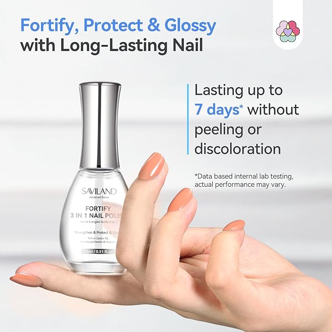 SAVILAND 3-in-1 Base & Top Coat & Nail Strengthener: 15ml Quick Air Dry Clear Nail Polish Nail Strengthener and Growth for Damaged Nails Nail Treatment Glossy Regular Nail Lacquer Women Gift