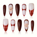 Handmade Stiletto Press on Nails Long Burgundy Glossy Gel Nails with 3D Flower Rhinestone Design, Reusable Stick on Fake Nails for Women (Size M)