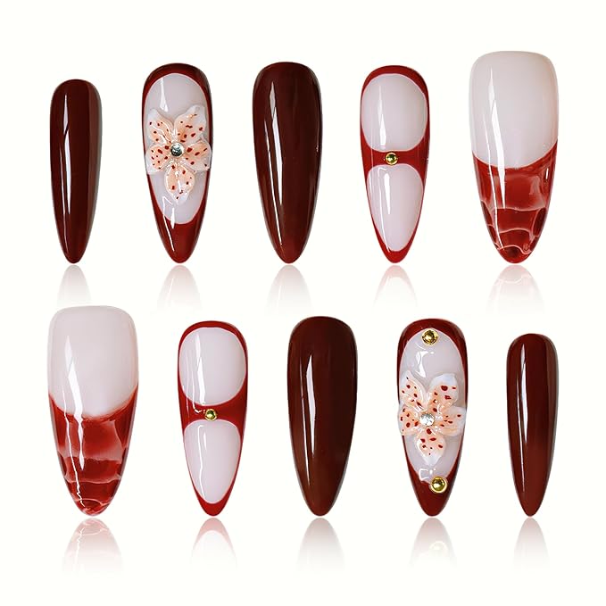 Handmade Press on Nails Long Square Shaped Fake Nails with 3D Rhinestones Flower Design (02, Short)