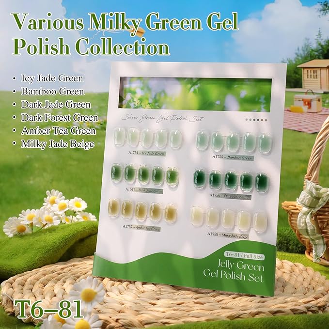 Double Rhythm 6 Pcs 15 ML Gel Polish Set Same Color Same Bottle Soak Off Gel Polish Kit Nail Art Manicure Salon DIY at Home for Women (Jelly Milky Light Green Olive Teal-T6-81)