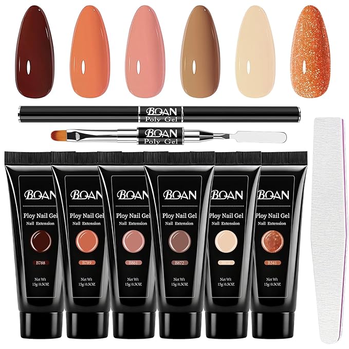 BQAN Poly Nail Gel Kit - 6 Shades Builder Gel for Long-Lasting Nail Extensions | 15ml Each | Salon-Quality DIY & Home Use | Low Odor (Brown 02, 0.5 Fl Oz (Pack of 6))