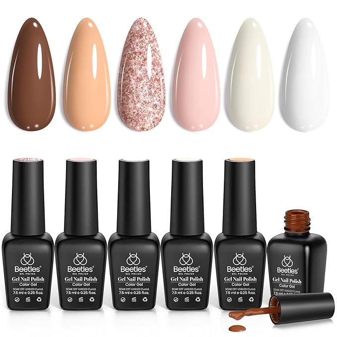 Beetles Gel Nail Polish Set, 6 Colors Nude Brown Pink Milky White Glitter Gel Polish Set Soak Off Uv Led Lamp Manicure Gifts for Women