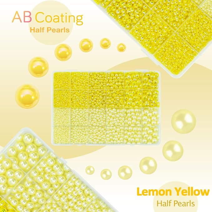 2 Styles Lemon Yellow Flatback Pearls for Bedazzling Crafting 3mm-10mm Half Round Pearls Beads Gems Bedazzler Kit Charms for Nails Face Eyes Makeup Tumblers Bottles DIY Crafts Shoes Beauty Deco