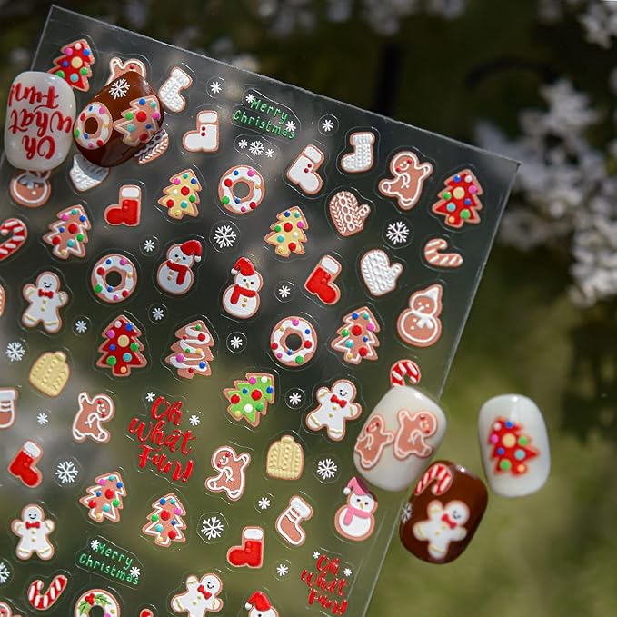 Christmas Nail Stickers Gingerbread Man Nail Art Stickers Xmas Crystal Ball Nail Decals with Design 5D Embossed Self Adhesive Nails Charms for Women Girls Manicure Decoration Accessories 2 Sheets