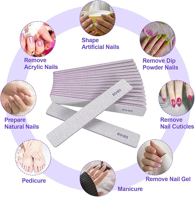 80/80 Grit Nail Files (12 Pack), Heavy Coarse Emery Boards for Acrylic Nails and Gel Nails, 80 Grits Double Sided Nail File Emory Professional Nail Filer Reusable Washable Manicure Square Gray