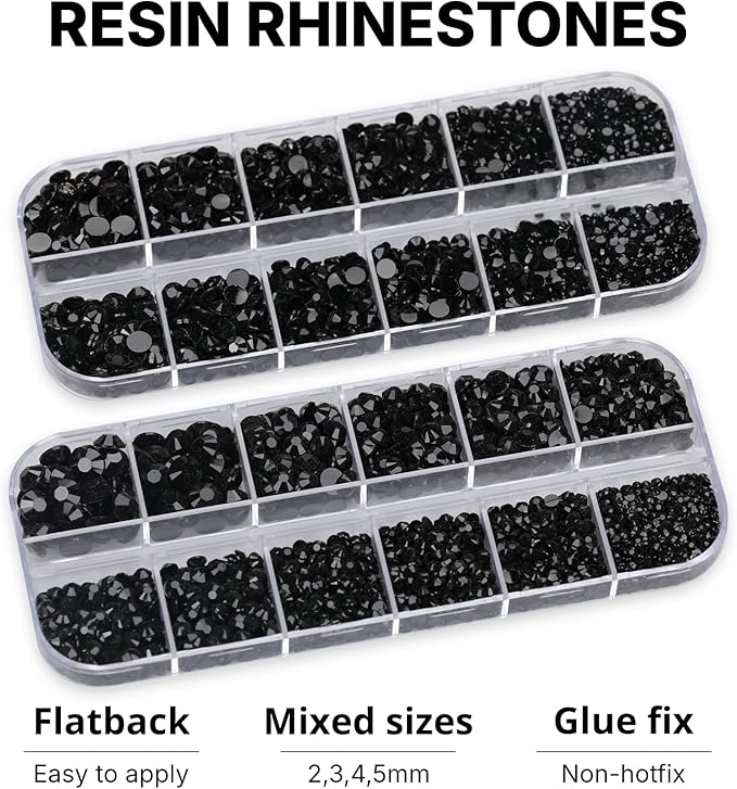 11000Pcs Black 2/3/4/5mm Flatback Rhinestones with Glue for Bedazzling Crafting Clothing Clothes Crafts Shoes Nail Art, Resin Flat Back Gems Crystals Diamonds Gemstones Jewels Stones Kit