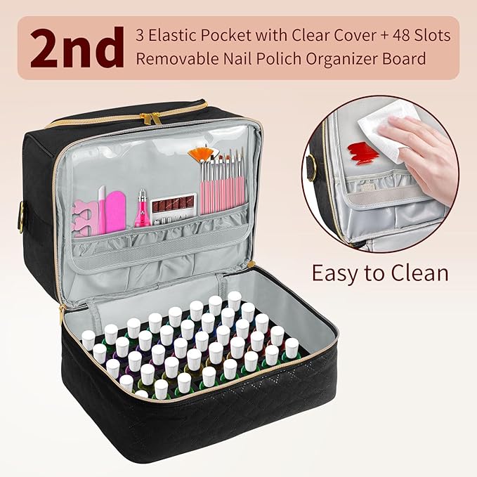Boczif Nail Polish Carrying Case, Double-Layer Nail Polish Storage Bag- Fits Nail Dryer Lamp and 60 Bottles(15ml/0.5 fl.oz), Nail Polish Organizer bag with Dividers for Manicure Set