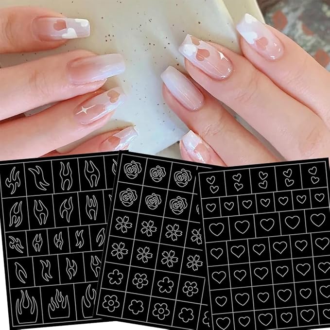 6 Sheets Heart Flower Nail Guides 3D Flame Heart Butterfly Star Nail Art Stickers Airbrush Nail Stencils Stickers Supplies Hollow Guides Nail Decals for Women Acrylic Nails Decoration Stencil Tools