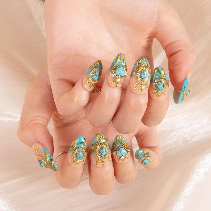 LOVFUL Press on Nails Turquoise Blue French Tip | Handmade with Full Covered Crystals | Reusable Fake Nails | Almond Regular 1.0 in | H122-S