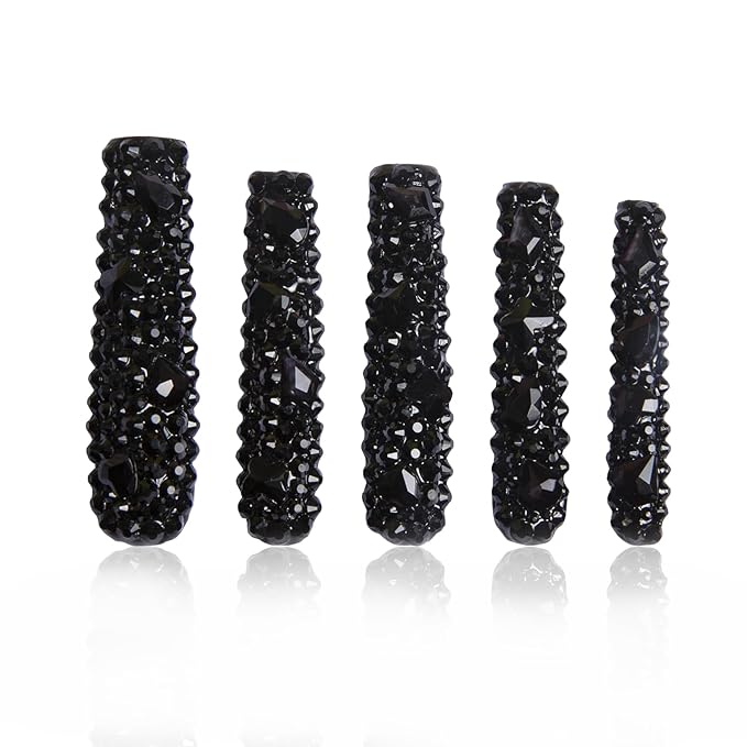 LOVFUL Press on Nails Classic Black Rhinestone| Handmade with Full Covered Crystals | Reusable Fake Nails | Square | H146-L, pink