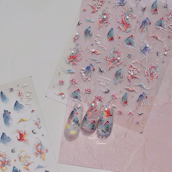 3D Asian Phoenix Nail Art Stickers, Mountain and Floral Design, Blue and Orange