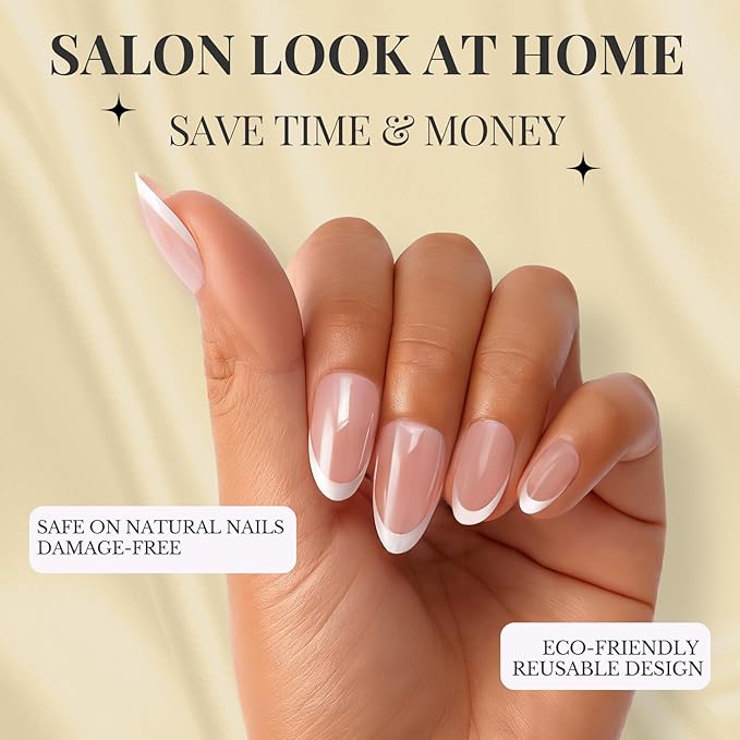 French Tip Press On Nails Acrylic - Short Almond Fake Nails Press ons, Reusable Glossy 30 Nail Kit with Glue, Adhesive Tabs, File, Manicure Stick, Prep Pad for Salon Quality or Fall Style
