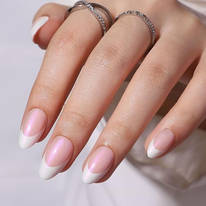 French Tip Press On Nails Short Almond Fake Nails with Glue Reusable Stick On Nail in 16 Sizes Glue On Nail 32 Pcs, Fantasy French Tip