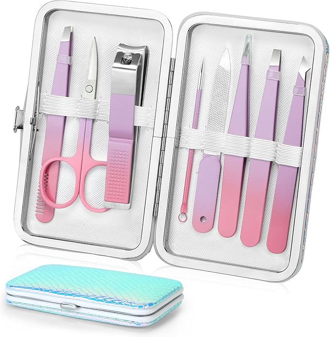Tweezer Set, Precision Tweezers Kit for Eyebrow Facial Hair Splinter and Ingrown Hair,Travel Tweezers and Nail Clipper Set with Nail Clippers Scissor Maniucre Nail Grooming Kit Gift for Women